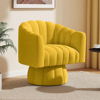 Accent Chair Mid Century 360 Degree Swivel Chair,Modern Lounge Sofa Round Barrel Chair with Wide Upholstered,Fluffy Velvet Fabric Chairs for Home Sofa Living Room/Bedroom/Waiting Room(Yellow) - LeafyLoom