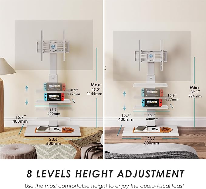 FITUEYES Iron Base Universal Floor TV Stand with Swivel Mount Space Saving for 26-65 Inch LED LCD OLED Plasma Flat Panel or Curved Screen TVs Height Adjustable Wire Management with 2 Shelves White - LeafyLoom