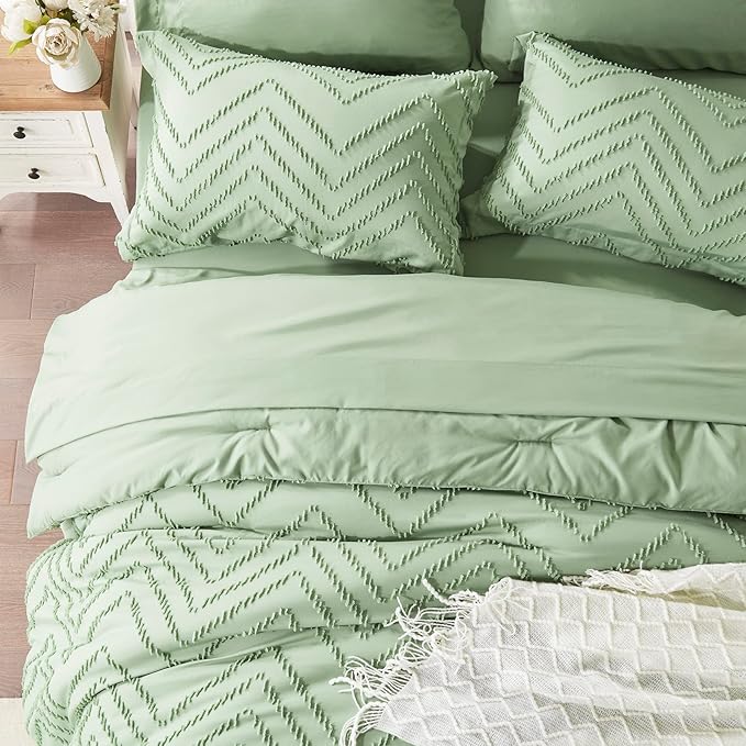 Anluoer Queen Comforter Set, Sage Green Tufted Bed in a Bag 7 Pieces with comforters and sheets, All Season Bedding Sets with 1 Comforter, 2 PillowShams, 2 Pillowcases, 1 Flat Sheet, 1 Fitted Sheet - LeafyLoom