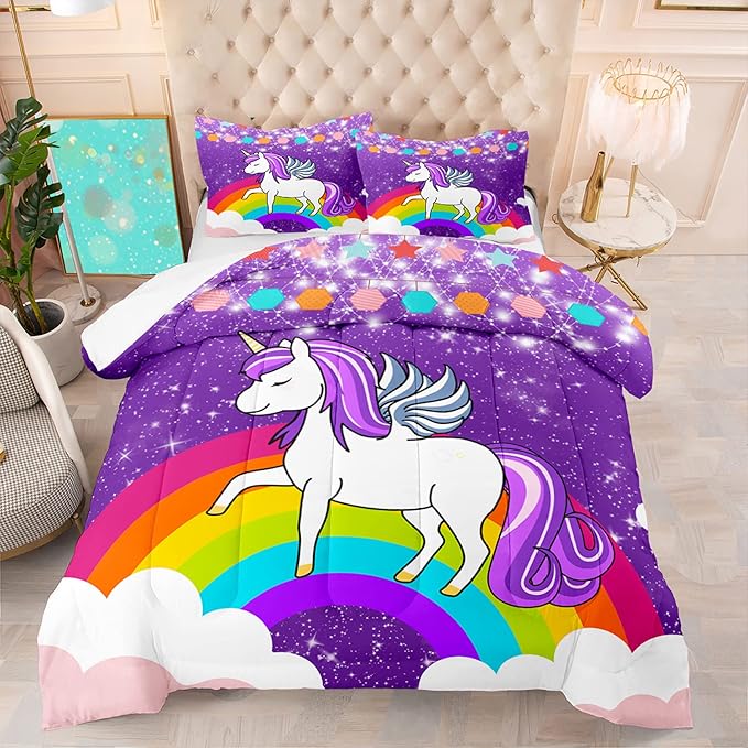 Unicorn Girls Full Size Bedding Sets Cartoon Unicorn Comforter Kids Bedding Set Cute Rainbow Unicorn Print Full Size Bedding Unicorn Kawaii Comforter Set, Purple, 1 Comforter+2 Pillowcases - LeafyLoom