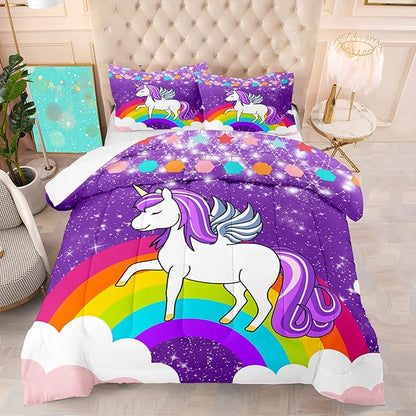 Unicorn Girls Full Size Bedding Sets Cartoon Unicorn Comforter Kids Bedding Set Cute Rainbow Unicorn Print Full Size Bedding Unicorn Kawaii Comforter Set, Purple, 1 Comforter+2 Pillowcases - LeafyLoom