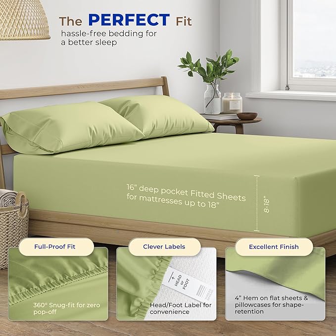 THREAD SPREAD 100% Egyptian Cotton Sheets Twin - 600 Thread Count Sheets Twin, 3 PC Deep Pocket Twin Sheets, Soft, Cooling Sateen Weave Extra Long Twin Sheets for Dorm, 16 in Deep Pocket - Sage Green - LeafyLoom