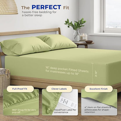 THREAD SPREAD 100% Egyptian Cotton Sheets California King Size - 600 Thread Count 4 PC Luxury Sheets Cal King Size, Soft, Cooling Hotel Luxury Sheets & Pillowcases, Fits Mattress upto 18" - Sage Green - LeafyLoom