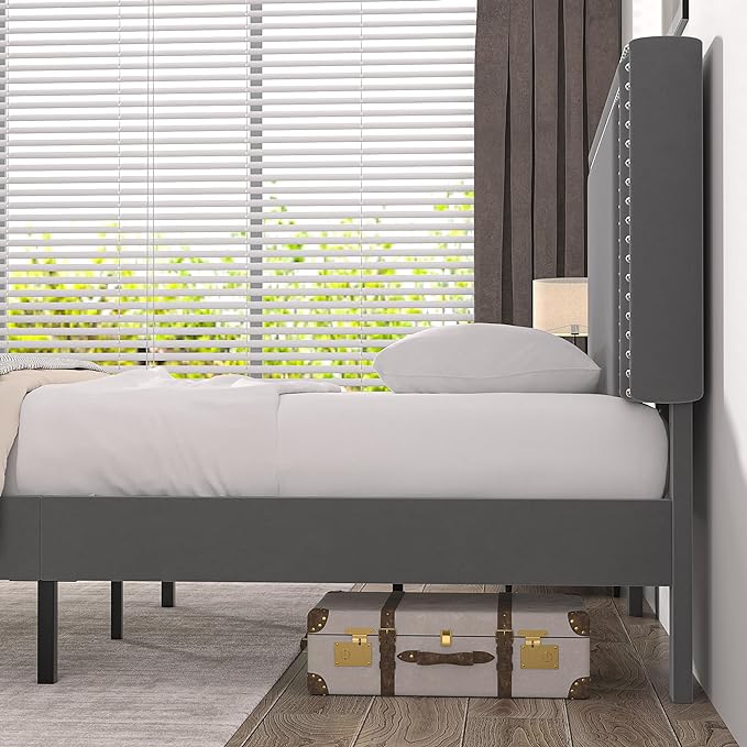 VECELO Twin Size Platform Bed Frame with Height Adjustable Upholstered Headboard, Modern Mattress Foundation,Strong Wood Slat Support, No Box Spring Needed, Easy Assembly - LeafyLoom