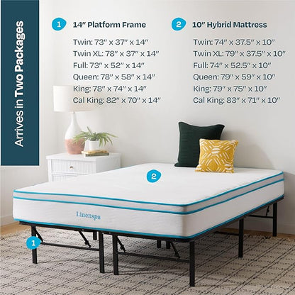 Linenspa 10” Memory Foam and Innerspring Hybrid Mattress + 14” Black Metal Platform Bedframe – Full Mattress + Metal Folding Full Bedframe - LeafyLoom