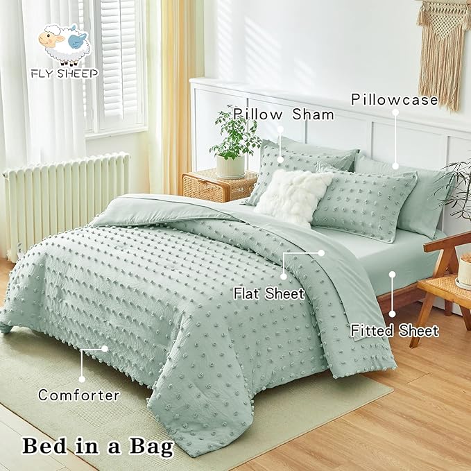 7 Pieces Tufted Dots Bed in a Bag Queen Comforter Set with Sheets Green , Soft and Embroidery Shabby Chic Boho Comforters, Solid Color with Pom Pom Design, Jacquard Tufts Bedding Set for All Season - LeafyLoom