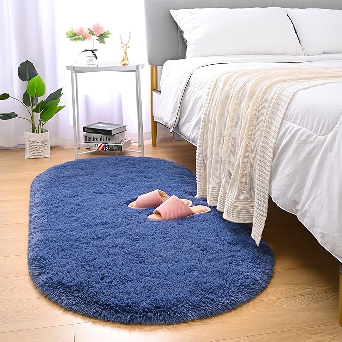 Merelax Soft Shaggy Rug for Kids Bedroom Oval 2.6'x5.3' Light Navy Plush Fluffy Carpet for Living Room, Furry Carpet for Teen Girls Room, Anti-skid Fuzzy Comfy Rug for Nursery Decor Cute Baby Play Mat - LeafyLoom