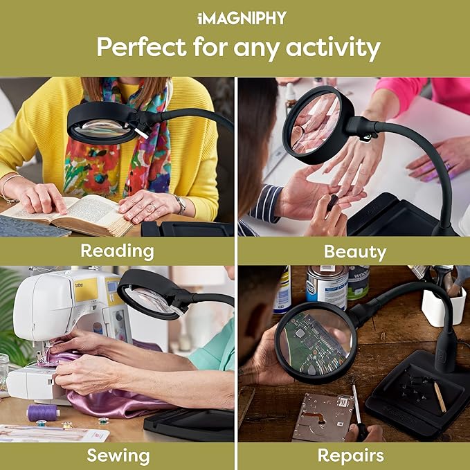 8X Desk Magnifying Light - Magnifying Glass for Reading and Crafts with 6 LEDs (No Glare, No Flickering) - Magnifying Lamp with Light and Stand, 2 Brightness Settings - Ideal for Seniors - LeafyLoom