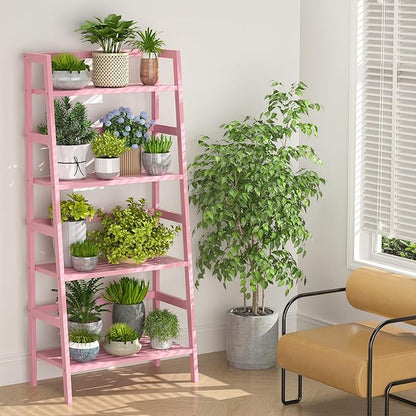 Homykic Bamboo Ladder Bookshelf, 4-Tier Ladder Shelf Open Book Shelf Freestanding Bookcase Bathroom Storage Rack Plant Stand for Living Room, Bedroom, Office, Easy Assembly, Pink - LeafyLoom