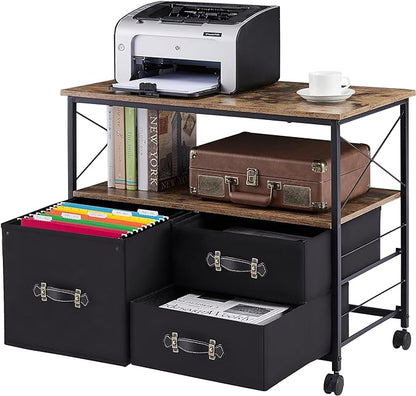 VECELO 3 Drawer Lateral File Cabinet Rolling Printer Stand with Open Storage Shelf, Fits A4 Or Letter Size, with Lockable Casters, Leather Handle, Ideal for Small Spaces, Brown+Black - LeafyLoom