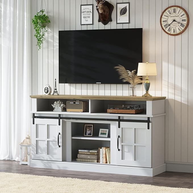 TV Stand with 2 Sliding Barn Doors, 58 Inch TV Stand with Storage Cabinet and Shelves, Television Stands with Storage for Living Room, Bedroom, White - LeafyLoom