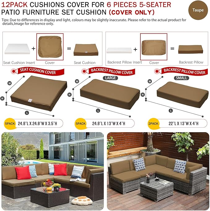 ClawsCover 12Pack Outdoor Seat and Back Cushions Replacement Covers Fit for 6Pieces 5-Seater Wicker Rattan Patio Furniture Conversation Set Sectional Couch Chairs,Taupe-Include Cover Only - LeafyLoom