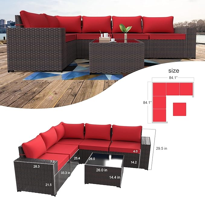 Kullavik 6PCS Outdoor Patio Furniture Set PE Wicker Rattan Sectional Sofa Patio Conversation Sets,Red - LeafyLoom