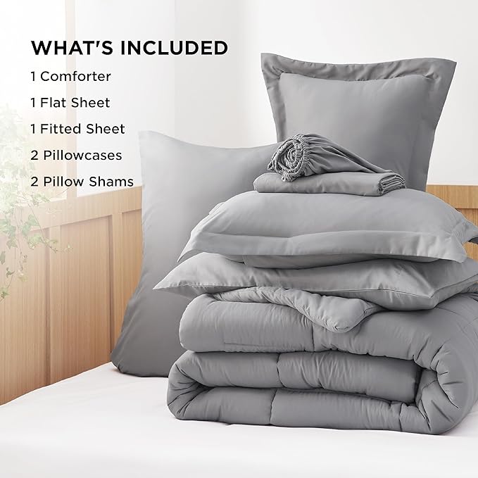 Bedsure King Size Comforter Set - 7 Pieces Solid King Bed Set, King Bed in a Bag Grey with Quilted Warm Fluffy Comforters, Sheets, Pillowcases & Shams - LeafyLoom