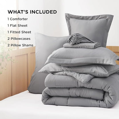 Bedsure King Size Comforter Set - 7 Pieces Solid King Bed Set, King Bed in a Bag Grey with Quilted Warm Fluffy Comforters, Sheets, Pillowcases & Shams - LeafyLoom