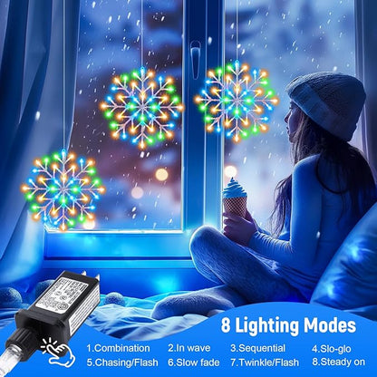 Christmas Snowflake Icicle Lights Outdoor - Plug-in 10.5ft 5 Drops 240LED Snowflake Window Lights with 8 Modes, Hanging Lights for Indoor Outdoor Porch Eaves Rooftops Christmas Decor, Multicolor Brightown