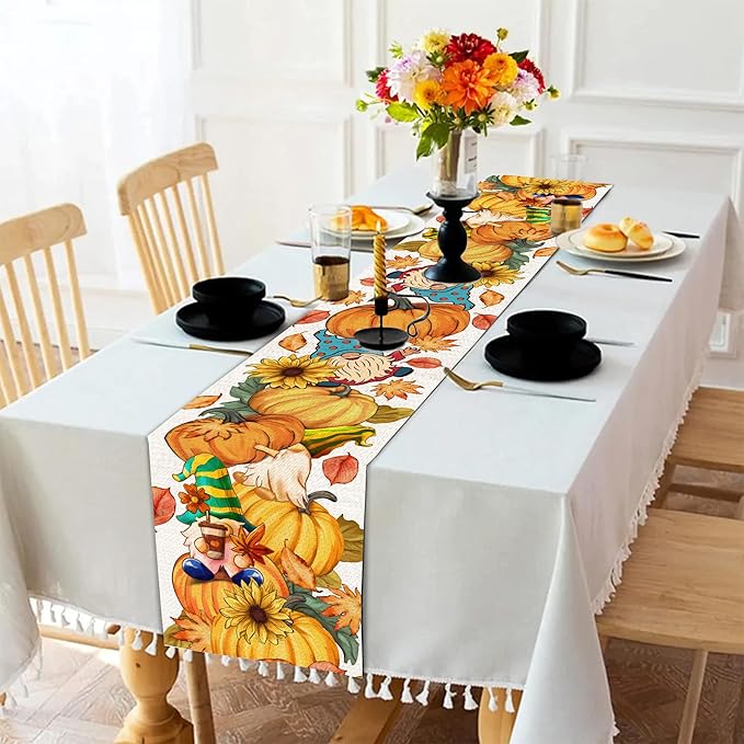 Fall Table Runner 90 Inches Long Autumn Table Runner Pumpkins Maple Leaves Gnome Fall Theme Decor for Kitchen Dining Table Home Party Decorations Unibyby