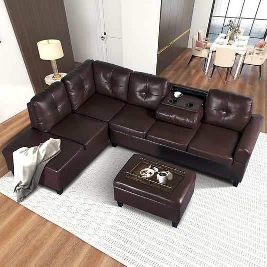 Living Room Furniture L Shaped Sectional Sofa Set with Storage Ottoman and Cup Holders, Wide Convertible Upholstered Couch for Home Office, Brown B - LeafyLoom