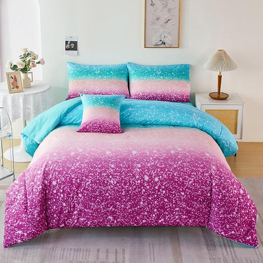 URBONUR Queen Comforter Set for Girls Teens Kids Ombre Purple Orange Teal Bedding Set Soft & Fluffy Girls Bed Set for Queen Bed Comforters with Sheets Set - LeafyLoom