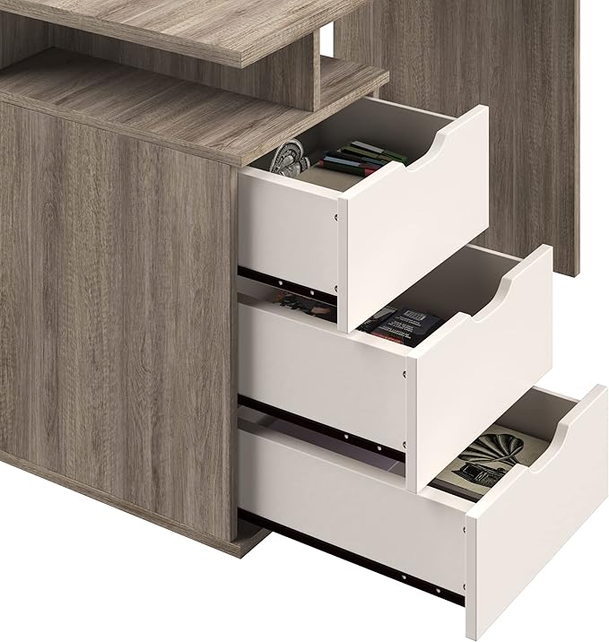 Lavish Home Contemporary Desk with Attached 3-Drawer File Cabinet for Home Office, Bedroom, Computer, or Craft Table, 43-Inch Long, White and Natural - LeafyLoom