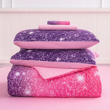 Full Size Bedding Sets Kids Bedding Sets for Girls,Galaxy Bedding 7pieces Glitter Pink Comforter Colorful Comforter Full Size Comforter Sets for Teen Girls(Purple) - LeafyLoom