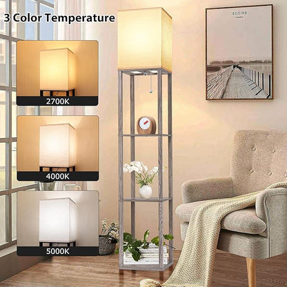 Floor Lamp with Shelves for Living Room Oak Gray, Shelf Floor Lamp with 3 CCT LED Bulb, Corner Display Standing Column Lamp Etagere Organizer Tower Nightstand with White Linen Shade for Bedroom Office - LeafyLoom