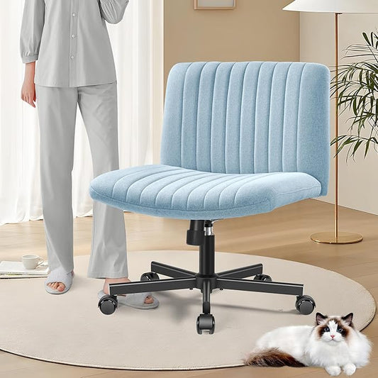 Armless Office Chair with Wheels, Wide Seat Fabric Desk Chair, Height Adjustable Cross Legged Computer Chair for Home Office, Swivel Modern Accent Chair Light Blue - LeafyLoom