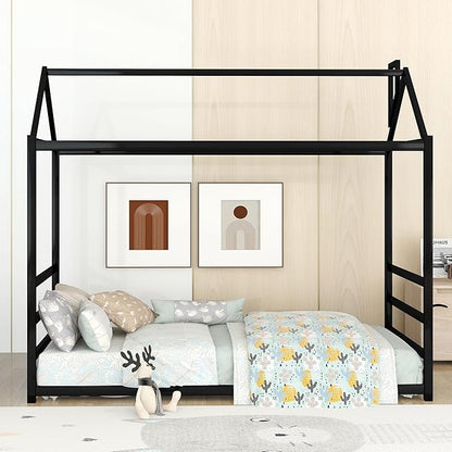 Bellemave Twin Size Montessori Floor Bed for Kids,Floor Bed with Roof, House Bed for Boys Girls,Metal House Shape Platform Bed Twin,Black - LeafyLoom