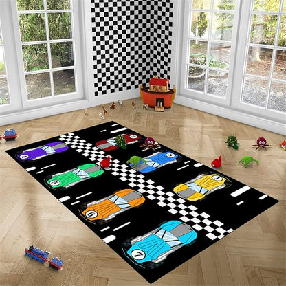 Race Car Rug Kids Play Area Rugs Race Car Track Rug Kids Rug with Roads and Tracks Car Track Carpet Car Rug for Boys Room Race Car Room Decor for Boys,Black 5'×7' - LeafyLoom