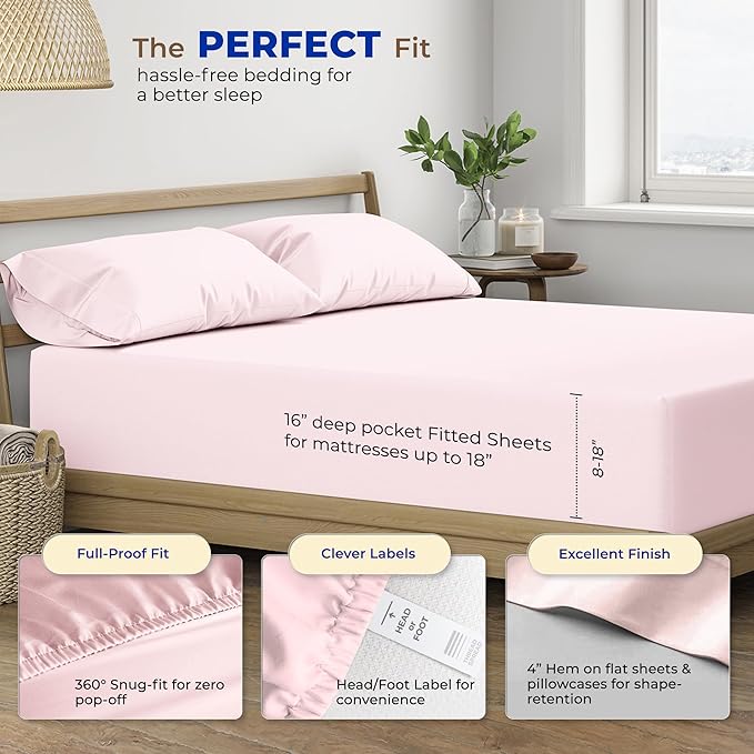 THREAD SPREAD 100% Egyptian Cotton Sheets California King Size - 600 Thread Count 4 PC Luxury Sheets Cal King Size, Soft, Cooling Hotel Luxury Bed Sheets & Pillowcases, Fits Mattress upto 18" - Blush - LeafyLoom