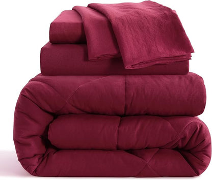 NTBAY Twin Comforter Set with Sheets, 5 Pieces Soft and Breathable Twin Bedding Set, Twin Bed in a Bag, Down Alternative Comforter Set Solid Color All Season, Kids Bedding Set, Wine Red - LeafyLoom