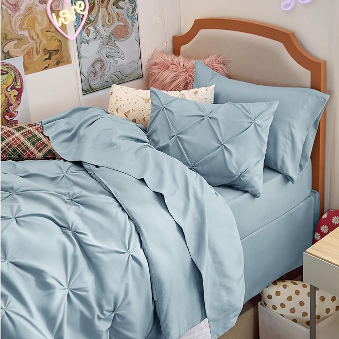 Bedsure Twin XL Comforter Set for Boys - Extra Long 5 Pieces Dorm Bedding Sets, Pinch Pleat Light Blue Bed in a Bag with Comforter, Sheets, Pillowcase & Sham - LeafyLoom