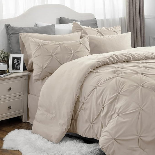 Bedsure King Size Comforter Set - Bedding Set King 7 Pieces, Pintuck Bed in a Bag Beige Bed Set with Comforter, Sheets, Pillowcases & Shams - LeafyLoom