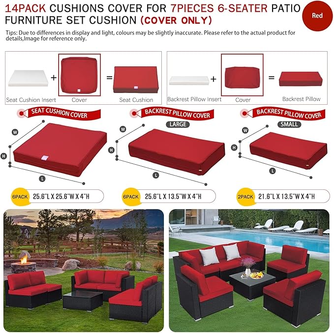 ClawsCover 14Pack Outdoor Seat and Back Cushions Replacement Covers Fit for 7Pieces 6-Seater Wicker Rattan Patio Furniture Set Sectional Couch Chair,Red-Include Cover Only (Large) - LeafyLoom