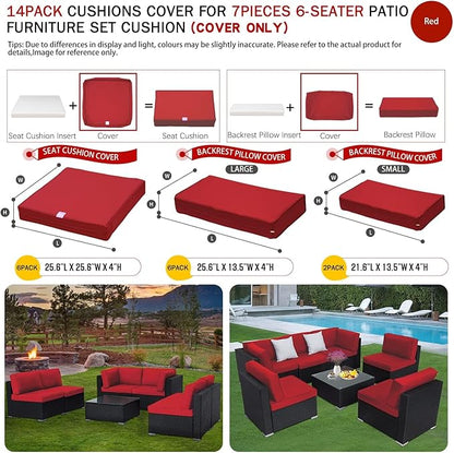 ClawsCover 14Pack Outdoor Seat and Back Cushions Replacement Covers Fit for 7Pieces 6-Seater Wicker Rattan Patio Furniture Set Sectional Couch Chair,Red-Include Cover Only (Large) - LeafyLoom