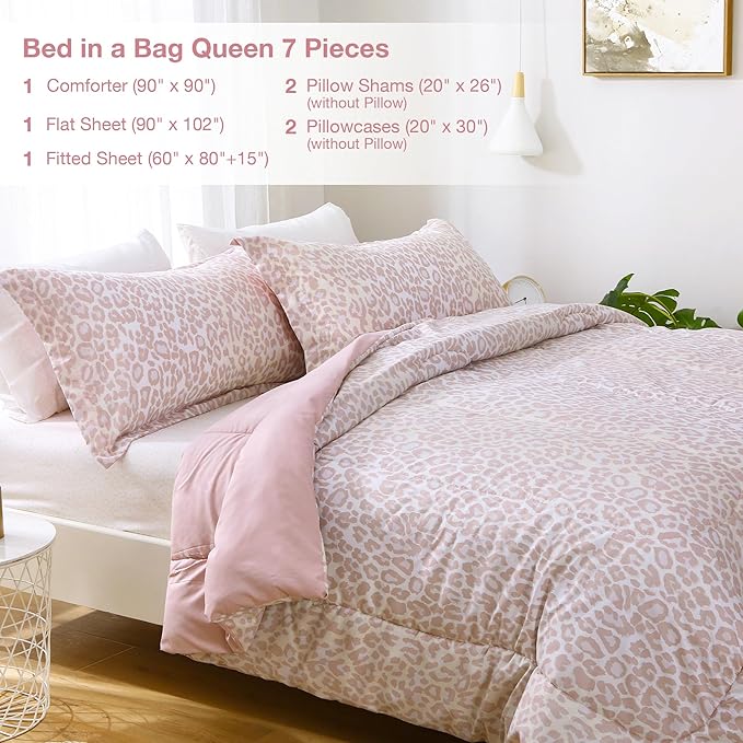 Printed Queen Bedding Sets with Comforter and Sheets, 7 Piece Bed in A Bag Comforter Set with Fluffy Microfiber, Stylish Pink Leopard Pattern - LeafyLoom