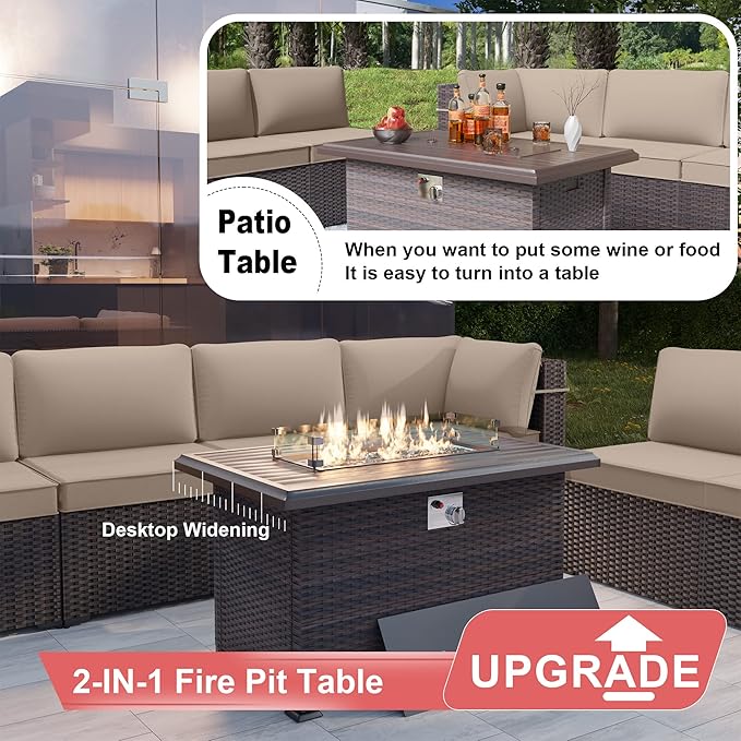 Patio Furniture Sectional Sofa Set 7-Pieces PE Rattan Patio Conversation Set w/43in Gas Fire Pit Table, Outdoor Furniture with 55000 BTU Propane Fire Pit, Sand - LeafyLoom