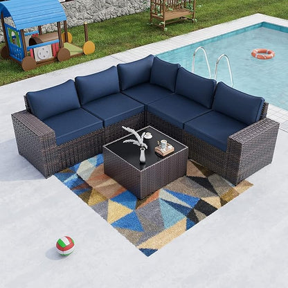 Kullavik 6PCS Outdoor Patio Furniture Set PE Wicker Rattan Sectional Sofa Patio Conversation Sets,Navy blue - LeafyLoom