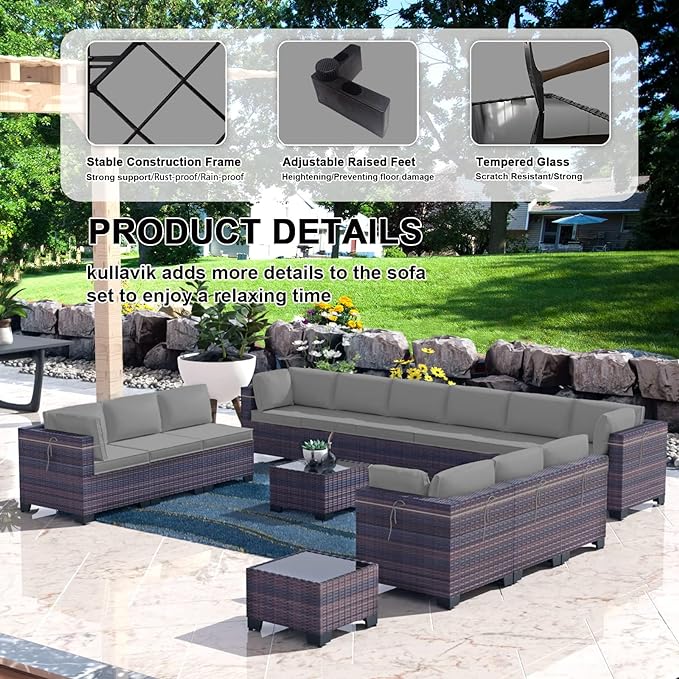 Kullavik 14PCS Outdoor Patio Furniture Set PE Wicker Rattan Sectional Sofa Patio Conversation Sets,Grey - LeafyLoom