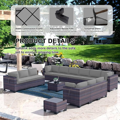 Kullavik 14PCS Outdoor Patio Furniture Set PE Wicker Rattan Sectional Sofa Patio Conversation Sets,Grey - LeafyLoom