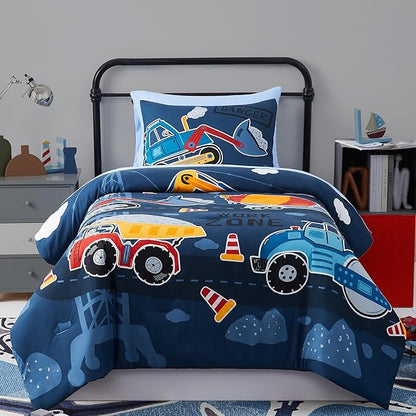 Truck Tractor Excavator Twin Comforter Set with Sheets - 5 Pieces Kids Twin Bedding Sets for Boys, Glow in The Dark Construction Trucks Twin Bed in a Bag for Kids, Teens - LeafyLoom