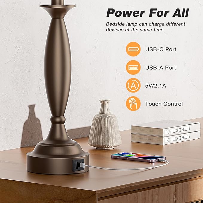 White Brown Lamps for Bedrooms Set of 2 - Touch Control Bedside Lamp with USB C+A, 3 Way Dimmable Nightstand Lamps with USB Port, Table Lamp for Living Room(White Shade and Brown Base) - LeafyLoom