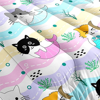 Girls Cat Bedding Set Queen Size - 3Pcs Cute Cartoon Mermaid Tail Cat Patterns Comforter Set for Girls Boys Kids Bedroom Cat Bedding Room Decor for All Season, 1 Comforter 2 Pillow Cases - LeafyLoom