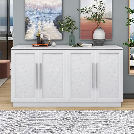 Wooden Sideboard with 4 Doors Large Storage Space,Buffet Cabinet,W/Adjustable Shelves and Silver Handles,Wear-Resistant Performance,for Kitchen,Dining Room,Hallway,White, 60" - LeafyLoom