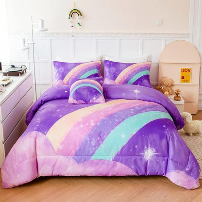 Purple Rainbow Girls Comforter Set Twin, 6 Pieces Gradient Glitter Bedding Sets for Girls Kids, 3D Galaxy Nebula Kids Girls Bed Set with Sheets for All Season - LeafyLoom