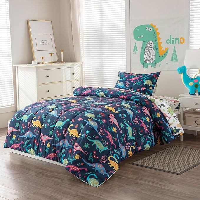 Dinosaur Twin Comforter Set for Boys Girls 4-Piece Dino Kids Bedding Sets Ultra Soft Cartoon Bedroom Set - Include Reversible Comforter, Flat Sheet, Fitted Sheet and Pillowcase, Blue - LeafyLoom