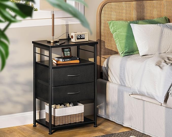 AODK Night Stand with Charging Station, End Table for Bedroom Tall Nightstand with Drawers, Small Nightstand for Bedroom, 4-Tier Storage Bedside Table, Black - LeafyLoom