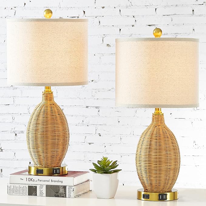 Touch Control Rattan Table Lamps, 3 Way Dimmable Bedside Lamps for Bedroom Set of 2 with 2 USB Ports and AC Outlet, Gold Wicker Nightstand Lamps for Living Room Office (LED Bulbs Included) - LeafyLoom