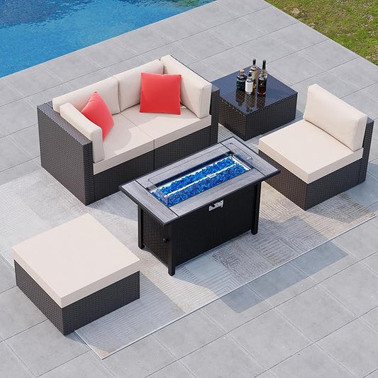 Shintenchi 5 Pieces Patio Furniture Sets w/45 inch Fire Pit Table, Outdoor Conversation Set w/50,000 BTU Steel Gas Fire Pit, Patio Sectional Sofa Set w/Glass Table &Ottoman - LeafyLoom