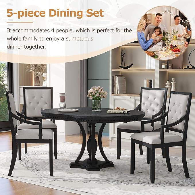 5-Piece Retro Elegant Extendable Round Dining Table Set with 4 Curved Armrest Upholstered Chairs for Kitchen, Breakfast Nook, Living Room, Oak, 42"-58" L x 42" W x 30" H, Black(Armchairs) - LeafyLoom